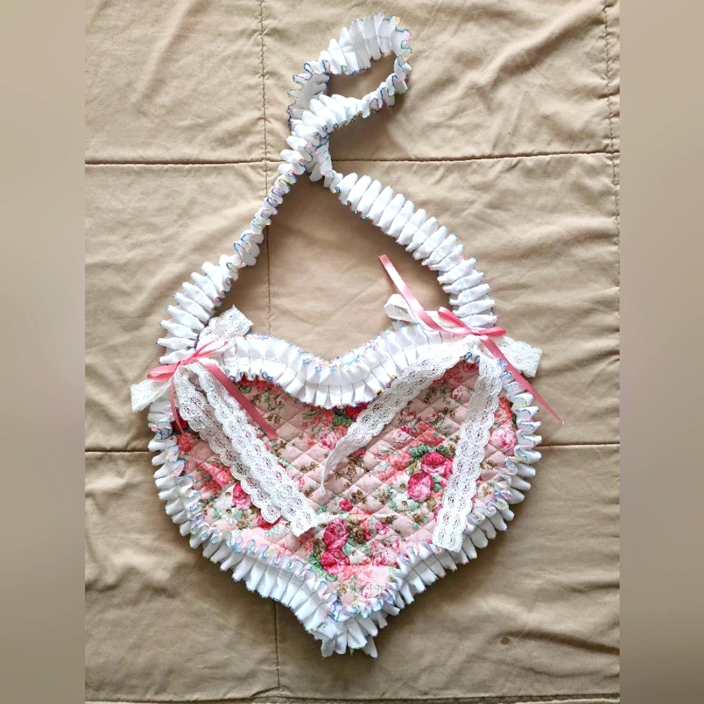 Women's Handmade Valentine's Day  Quilted Heart Purse with Lace Bow Detail